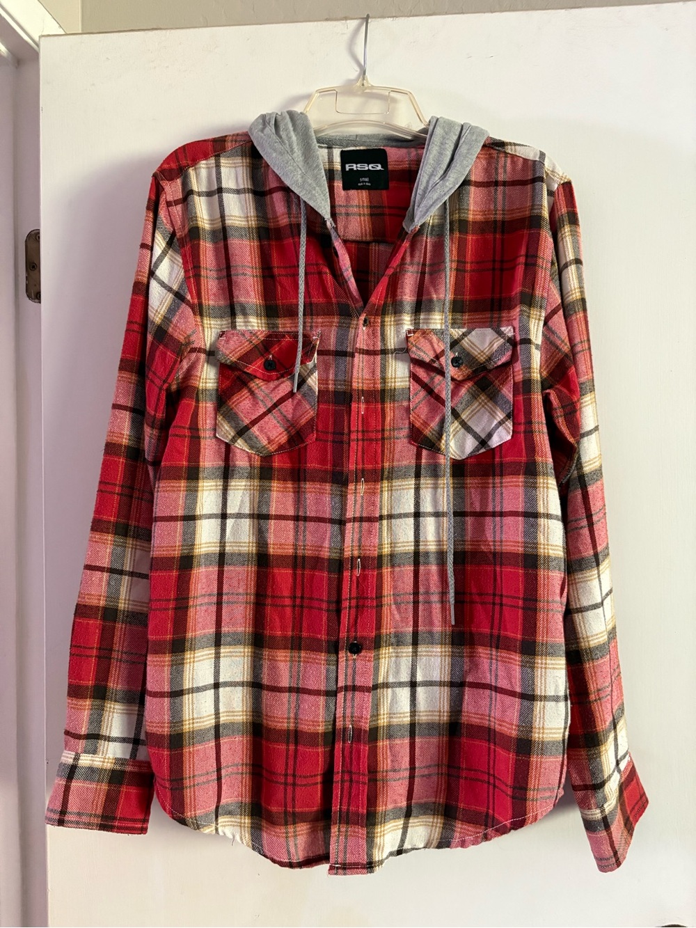 RSQ Red Plaid Button-Front Hooded Flannel Shirt
